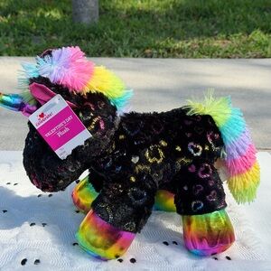 Rainbow Unicorn Plush Black Hearts Colorful Mane Tail Valentine’s Day Stuffed